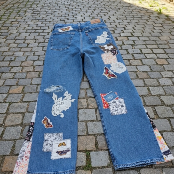 Levi's Ribcage Upcycled Patchwork Custom Bell Jeans By ThreadsReclaimed 29x26 - Picture 17 of 17